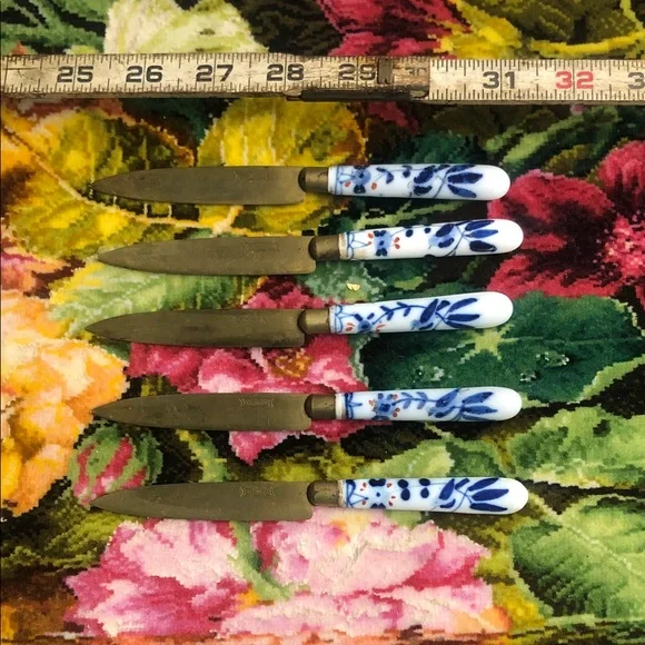 Vintage Set of 5 Floral Ceramic Handle Bronze Fruit Knives by Rheingold - Picture 7 of 7